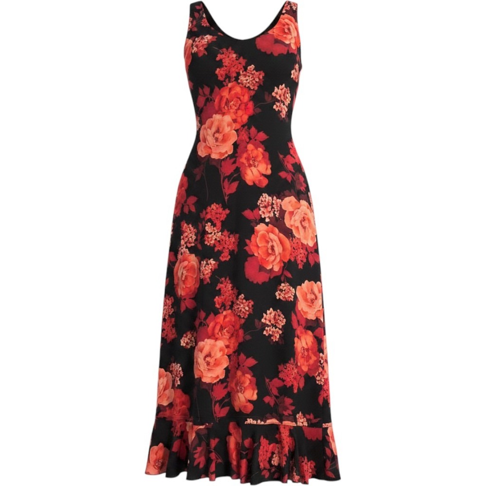 Norton McNaughton Vtg Maxi Dress L Black Red Floral Ruffle Whimsigoth Romantic